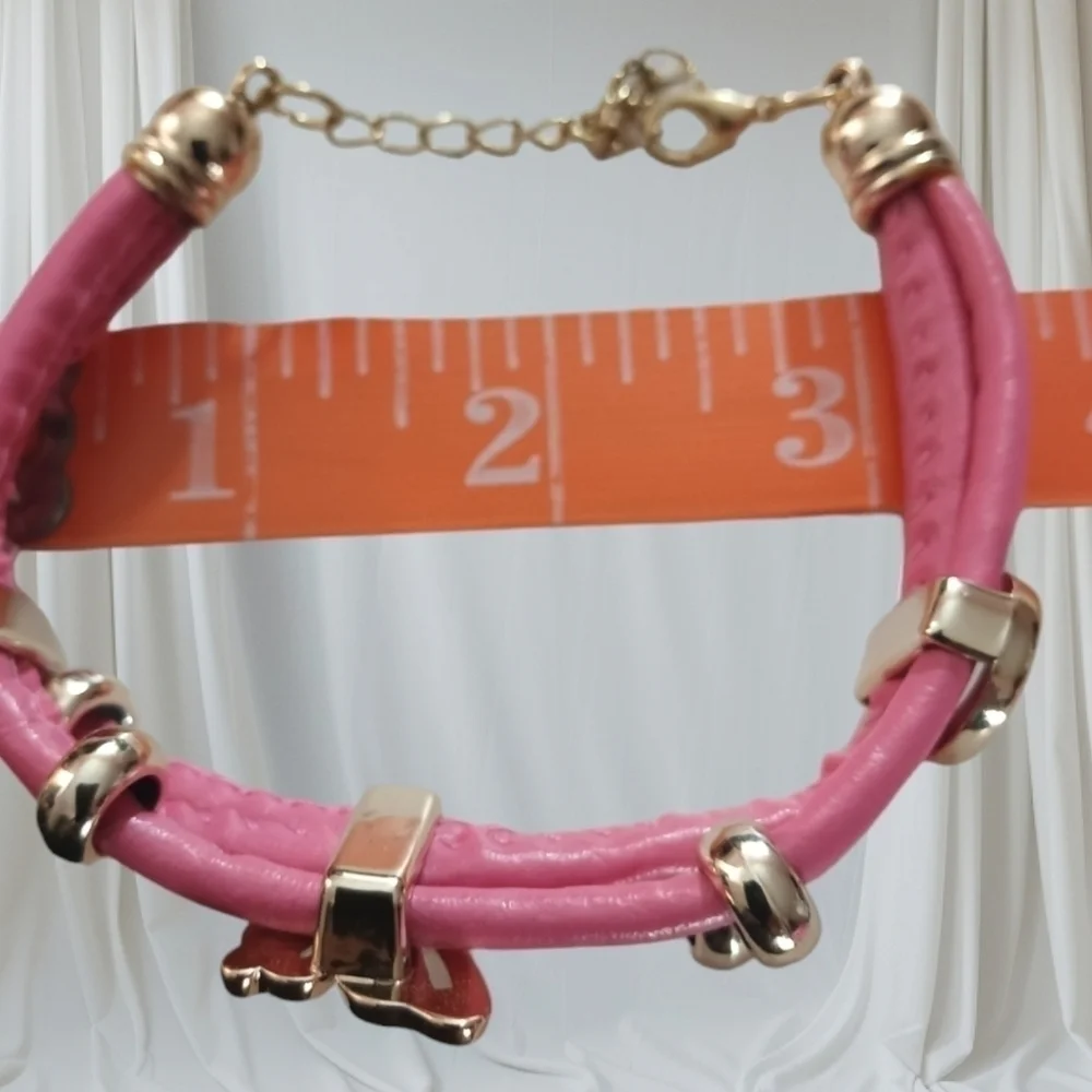 Pink Faux Leather Gold Tone Butterfly Y2K Bracelet - Picture 4 of 8